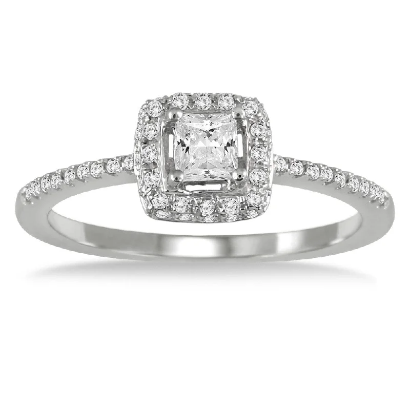 Cushion - Shaped Engagement Rings with Bead - Set Diamonds1/2 Carat TW Princess Halo Engagement Ring in 10K White Gold