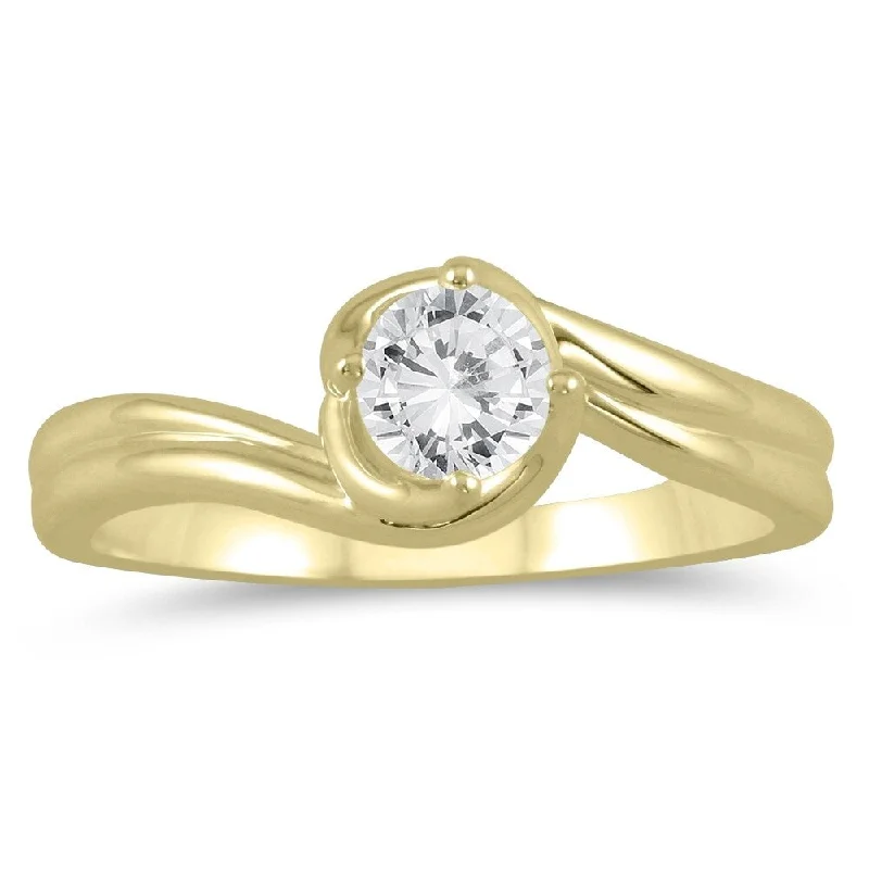 Engagement Rings with a Triple - Row Diamond Band1/2 Carat Twisting Wave Diamond Solitaire Ring in 10K Yellow Gold