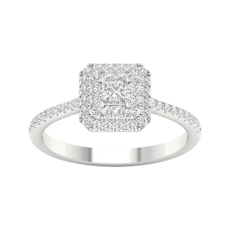 Two - Tone Engagement Rings in Rose and White Gold1/2ct TDW Princess Cut Diamond Halo Ring in 10k Gold by De Couer