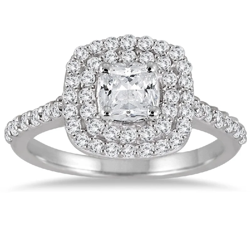 Engagement Rings with a Cathedral - Style Basket Setting1 3/8 Carat Cushion Diamond Double Halo Engagement Ring in 14K White Gold