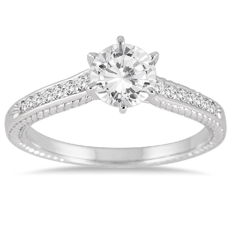 Vintage - Style Engagement Rings with Intricate Scrollwork1 Carat TW Diamond Antique Ring in 10K White Gold