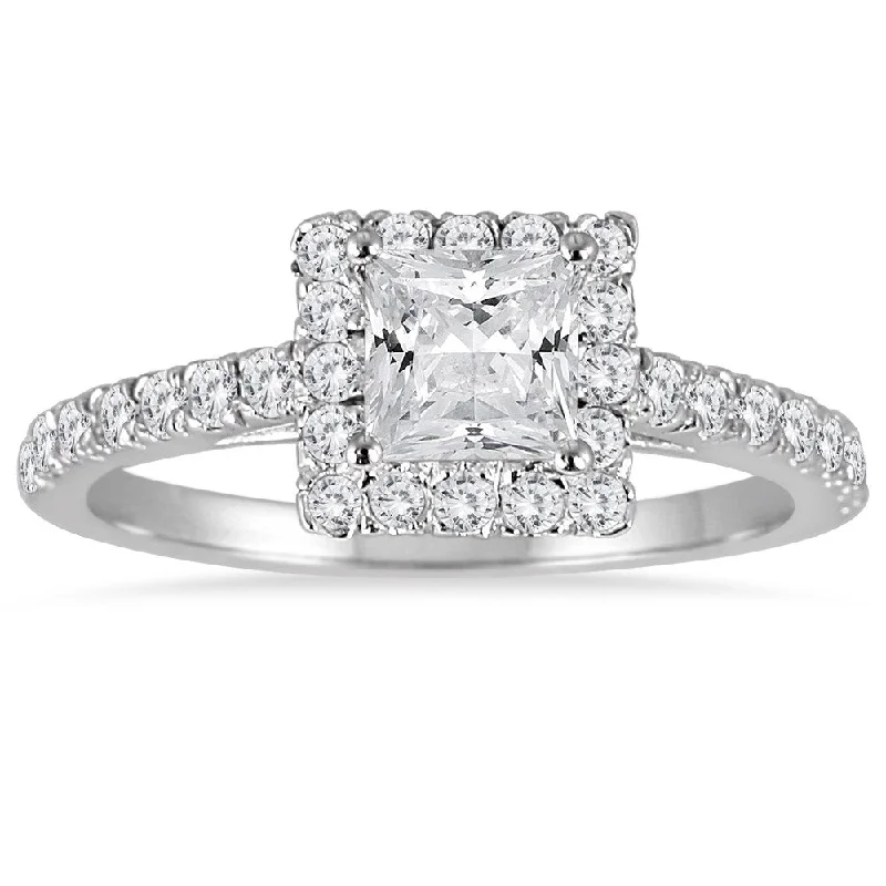 Rose - Cut Diamond Engagement Rings with a Rustic Charm1 Carat TW Princess Cut Diamond Halo Engagement Ring in 14K White Gold