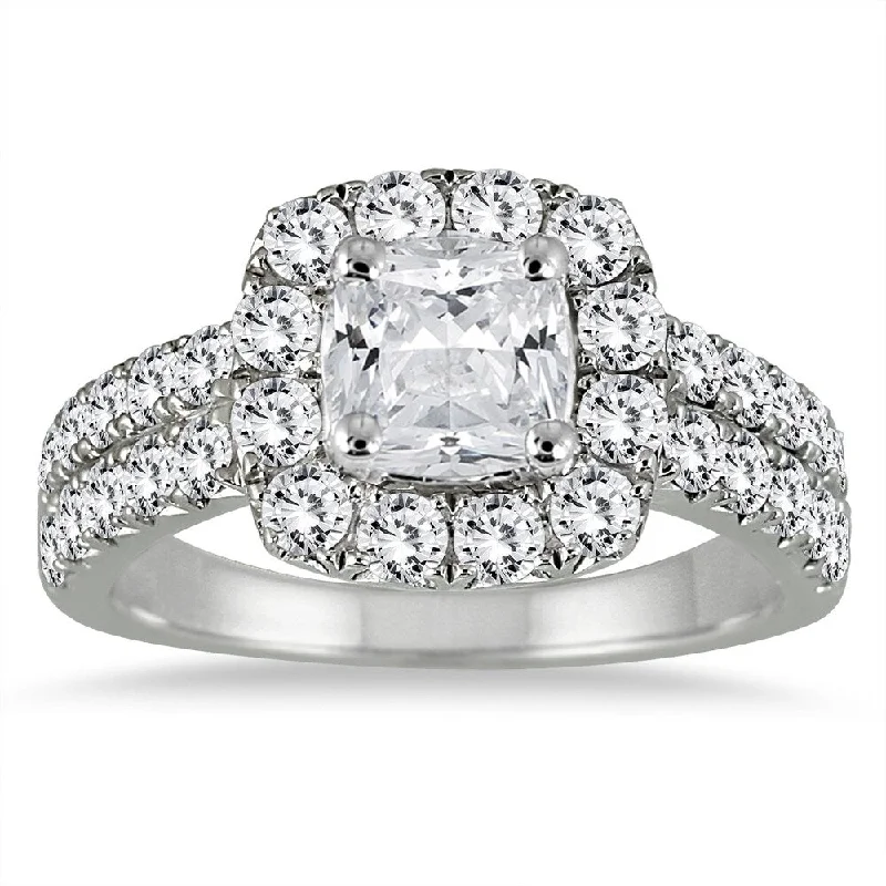 Engagement Rings with a Cathedral - Style Basket Setting2 1/10 Carat Cushion Cut Diamond Halo Engagement Ring in 14K White Gold