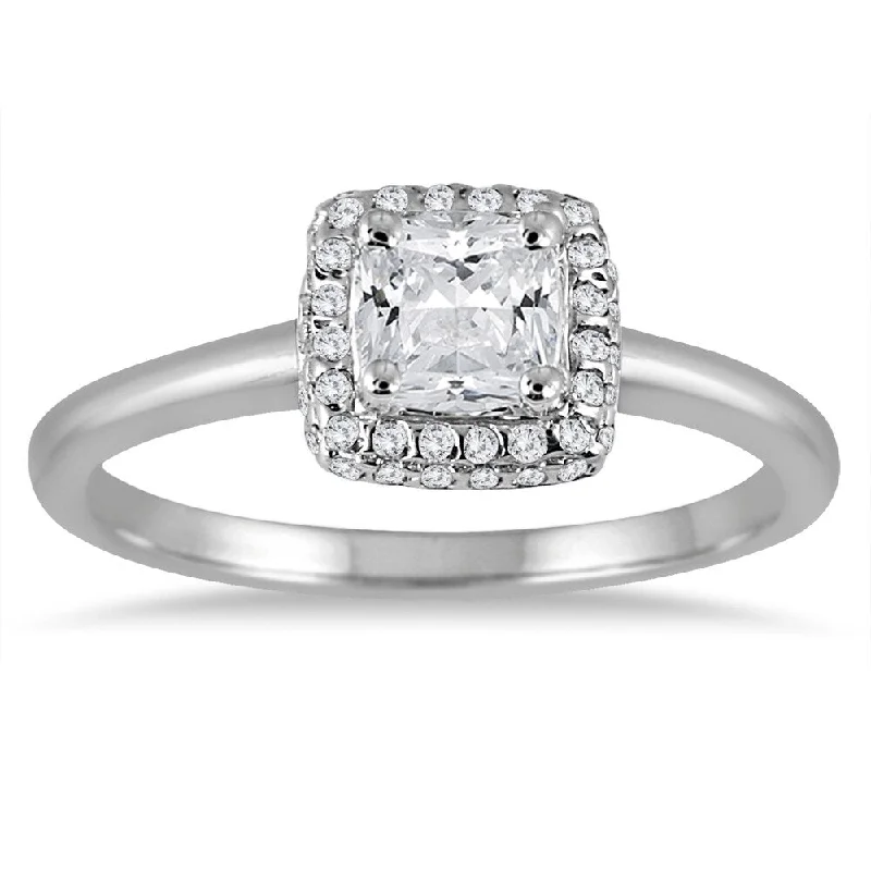 Engagement Rings with a Hidden Heart - Shaped Cutout3/4 Carat TW Cushion Diamond Halo Engagement Ring in 14K White Gold