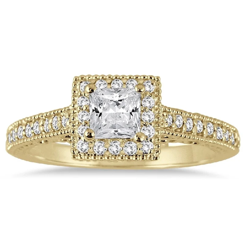 Emerald - Cut Engagement Rings with Trapezoid Side Stones3/4 Carat TW Princess Antique Deco Diamond Halo Engagement Ring in 14K Yellow Gold