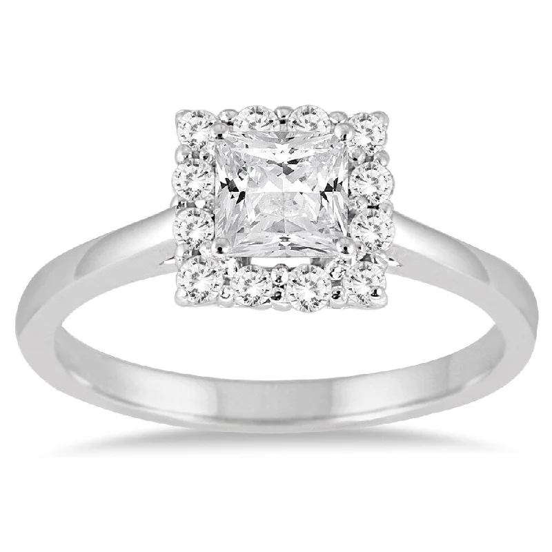 Cushion - Shaped Engagement Rings with Bead - Set Diamonds3/4 Carat TW Princess Cut Diamond Halo Engagement Ring in 14K White Gold