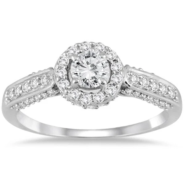 Engagement Rings with a Hidden Halo and Pavé - Set Band7/8 Carat TW Diamond Halo Engagement Ring in 10K White Gold