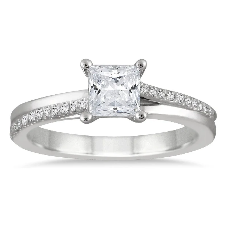 Engagement Rings with a Hidden Halo and Pavé - Set Band7/8 Carat TW Princess Diamond Engagement Ring in 14K White Gold