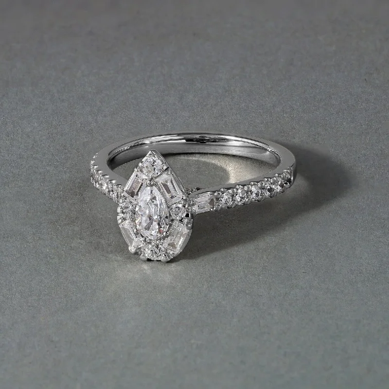 Engagement Rings with a Hidden Heart - Shaped Cutout7/8ct TDW Diamond Pear Shape Halo Engagement Ring in 14k White Gold