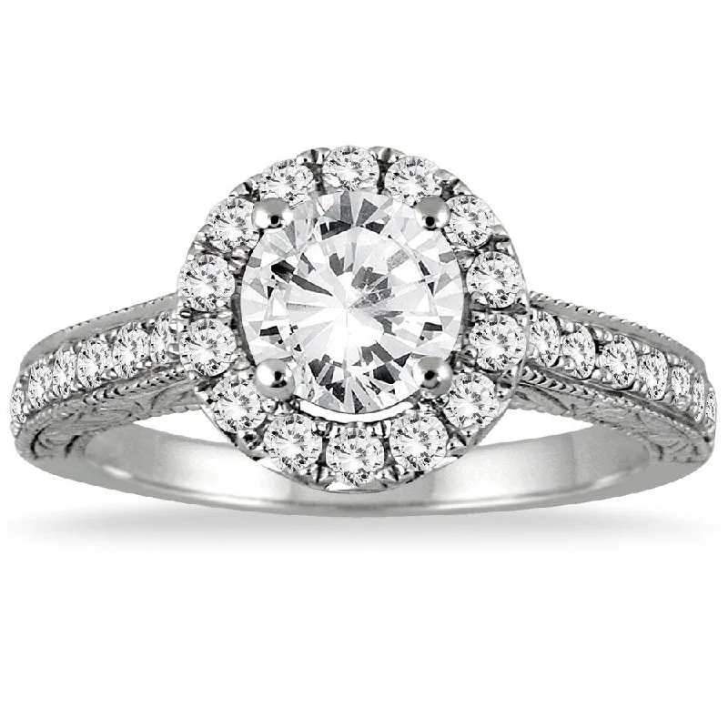 Platinum Engagement Rings with Milgrain EdgesAGS Certified 1 1/2 Carat TW Halo Diamond Engagement Ring in 14K White Gold (J-K Color, I2-I3 Clarity)