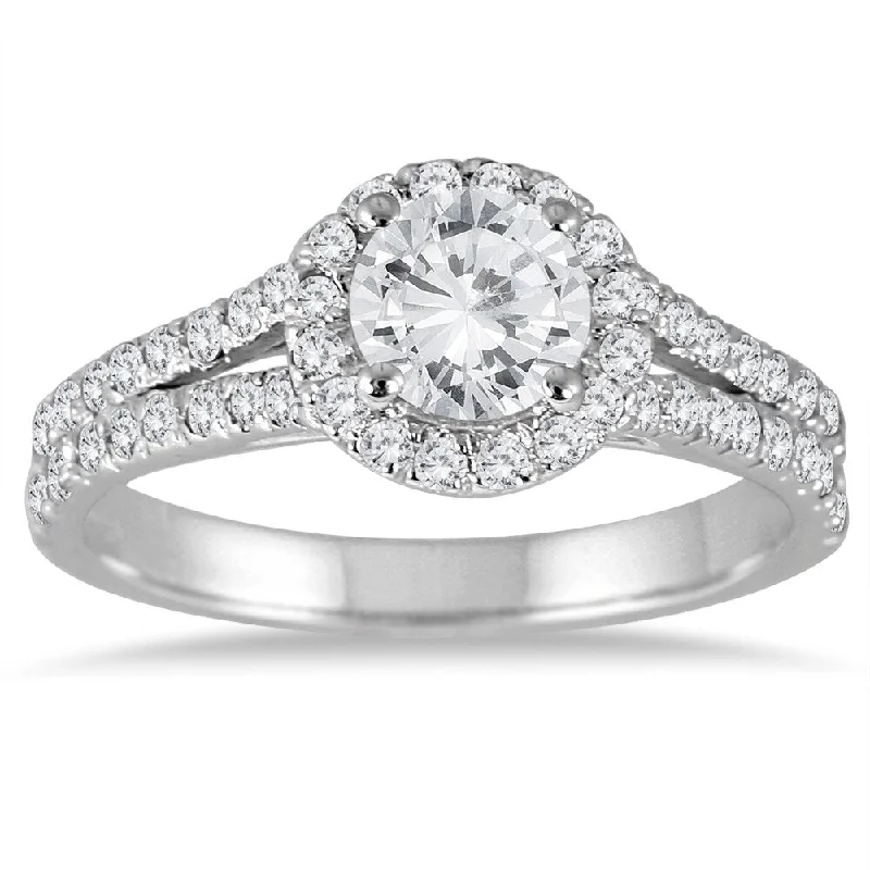 Art Nouveau - Inspired Engagement Rings with Organic MotifsAGS Certified 1 1/4 Carat TW Diamond Split Shank Halo Engagement Ring in 14K White Gold (J-K Color, I2-I3 Clarity)