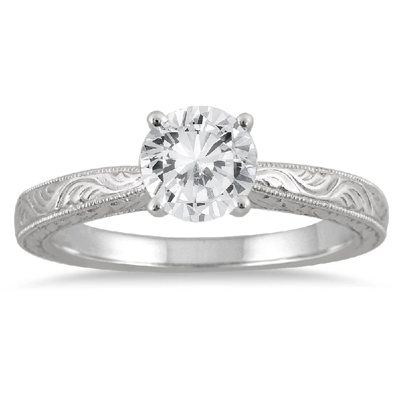 Pear - Shaped Engagement Rings with Twisted Shank DesignsAGS Certified 1 Carat Diamond Solitaire Engraved Ring in 14K White Gold (J-K Color, I2-I3 Clarity)