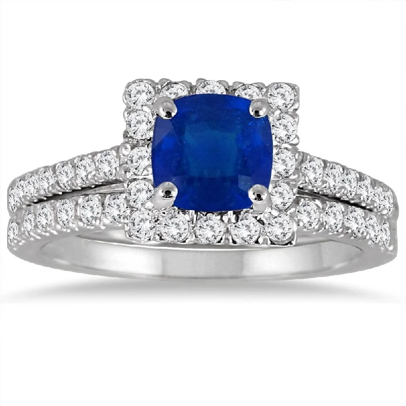 Engagement Rings with a Cathedral - Style Basket SettingCushion Cut Sapphire and Diamond Bridal Set in 14K White Gold