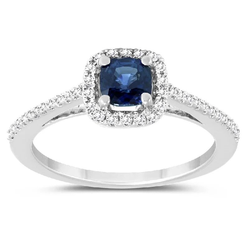 Sapphire - Centered Engagement Rings with Diamond HaloCushion Sapphire and Diamond Halo Engagement Ring in 14K White Gold