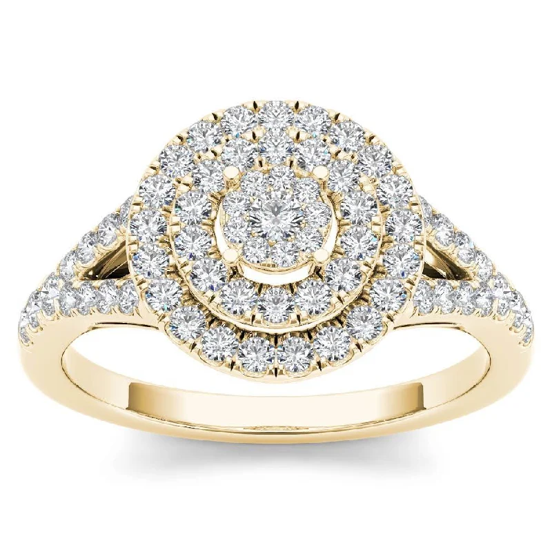 Engagement Rings with a Triple - Row Diamond BandDe Couer 14k Yellow Gold 1/2ct TDW Diamond Cluster Double Frame Engagement Ring