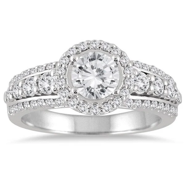 Vintage - Style Engagement Rings with Intricate ScrollworkMarquee Jewels 1 1/2 Carat White Diamond Halo Engagement Ring with Side Stones in 14K White Gold