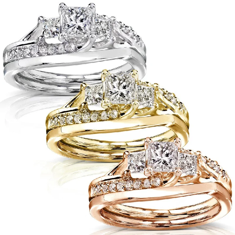 Two - Tone Engagement Rings in Rose and White GoldAnnello by Kobelli 14k Solid Gold 1ct TDW Asymmetric 3-Stone Princess Diamond Bridal Rings Set