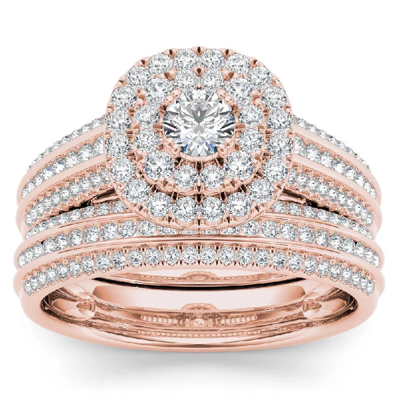 Vintage - Style Engagement Rings with Intricate ScrollworkDe Couer 10k Rose Gold 1ct TDW Double Halo Diamond Bridal Set - Pink