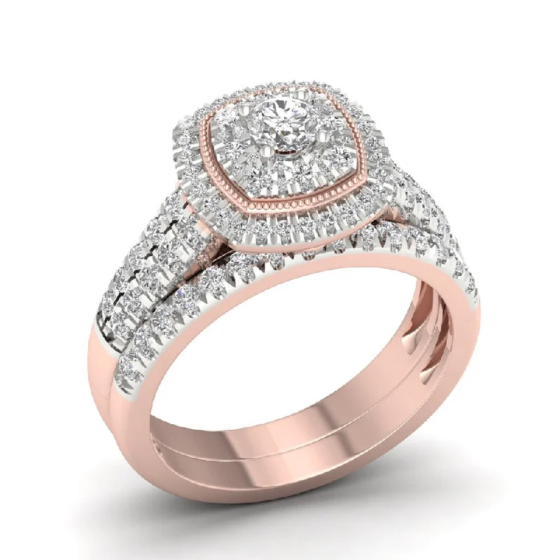 Engagement Rings with a Hidden Halo and Pavé - Set BandDe Couer 14k Rose Gold 1ct TDW Diamond Cluster Halo Bridal Set