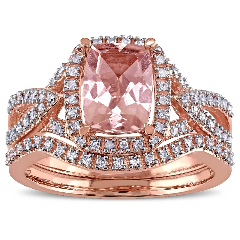 Vintage - Style Engagement Rings with Intricate ScrollworkHalo Crossover Morganite 1/4ct TDW Diamond 10k Rose Gold Bridal Set by Miadora