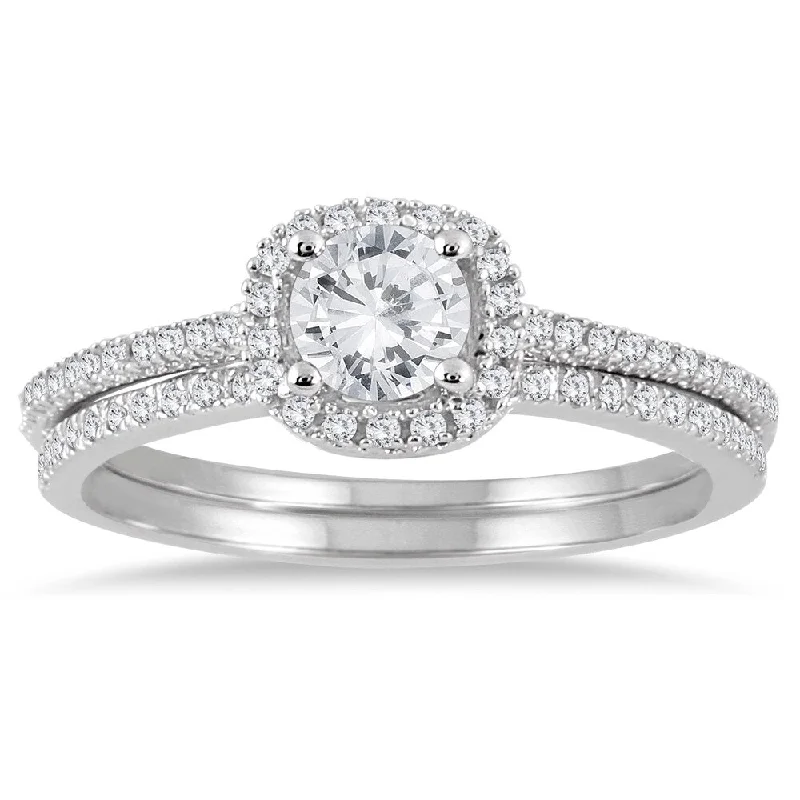 Engagement Rings with a Hidden Halo and Pavé - Set BandMarquee Jewels 14k White Gold 7/8ct TDW Halo Diamond Bridal Set