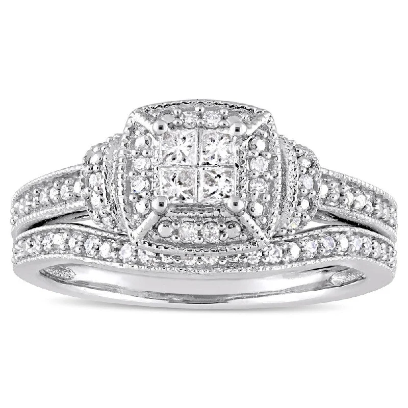 Men's Engagement Rings with Carbon Fiber InlaysMiadora Signature Collection 10k White Gold 1/3ct TDW Princess and Round-Cut Diamond Quad Halo Bridal Set