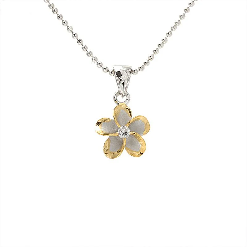 Key - Pendant Necklaces with Antique - Style EngravingsSterling Silver Rhodium Two Tone Yellow Gold Plated Plumeria with CZ Pendant (10-45mm) (Chain Sold Separately)