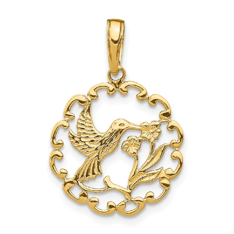 Obsidian Pendants with Shiny Mirror - Like Surfaces14k Yellow Gold 17mm Framed Hummingbird and Flower Pendant