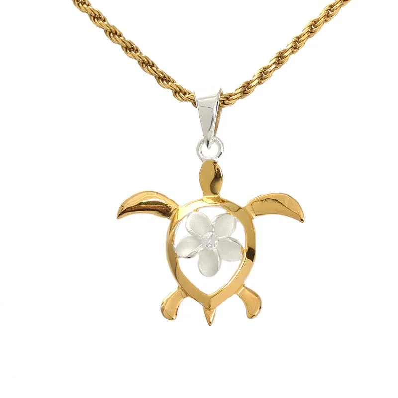 Medallion - Pendant Necklaces with Intricate Relief - Style ArtworkSterling Silver Two Tone Yellow Gold Plated Plumeria with CZ in Honu (Turtle) Pendant (M/L) (Chain Sold Separately)