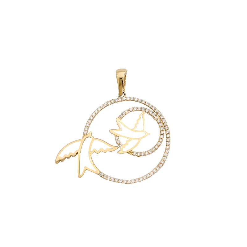 Leather - Wrapped Pendants with Brass Stud EmbellishmentsBirds Flying Round Frame Pendant (14K)