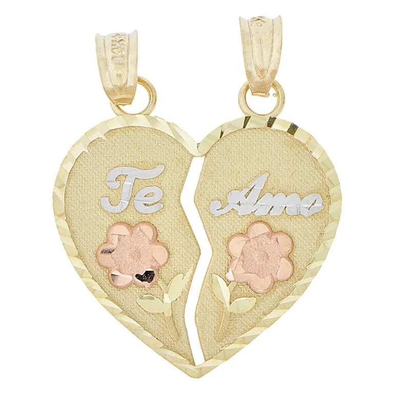 Stainless Steel Pendants with Laser - Etched Motivational QuotesTri-Tone Diamond Cut Heart Shape "Te Amo" Flower Pendant (14K)