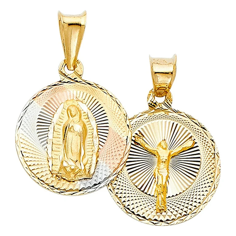 Recycled Metal Pendants with Upcycled Jewelry ComponentsDiamond Cut Tri-Color Two Face Jesus Crucified & Our Lady of Charity Medallion (14K)