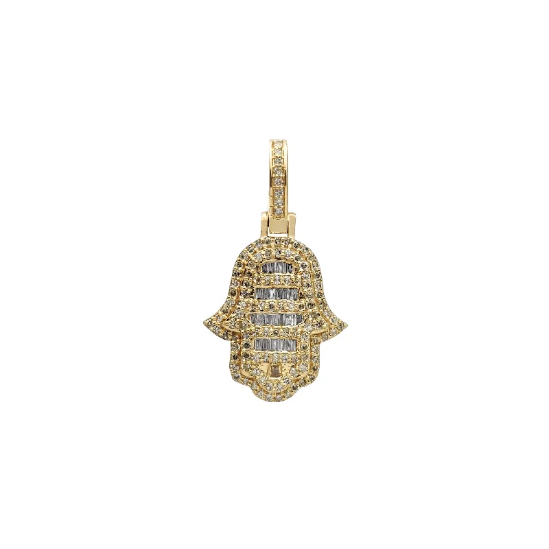 Hand - Carved Wooden Pendants with Folk - Art MotifsDiamond Round & Baguettes Hamsa Hand Pendant (14K)