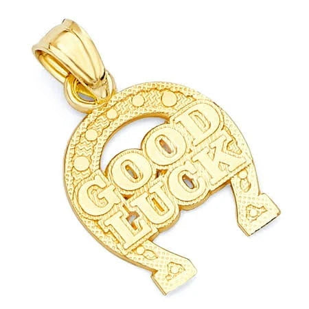 Hand - Carved Wooden Pendants with Folk - Art Motifs"GOOD LUCK" Horseshoe Pendant (14K)