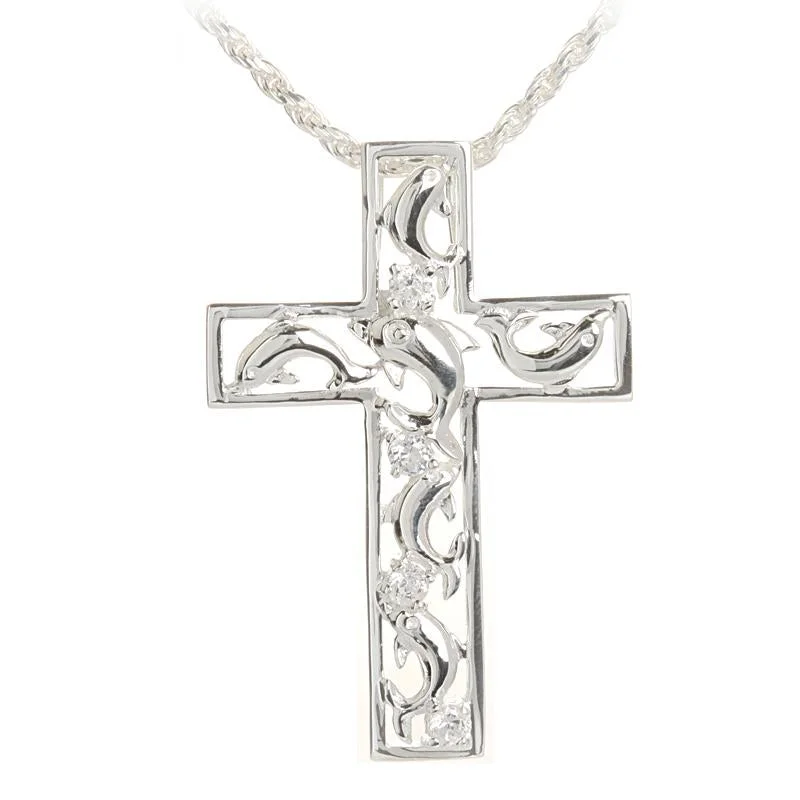 Key - Pendant Necklaces with Antique - Style EngravingsSterling Silver Dolphin with CZ and Border Cross Pendant (Chain Sold Separately)