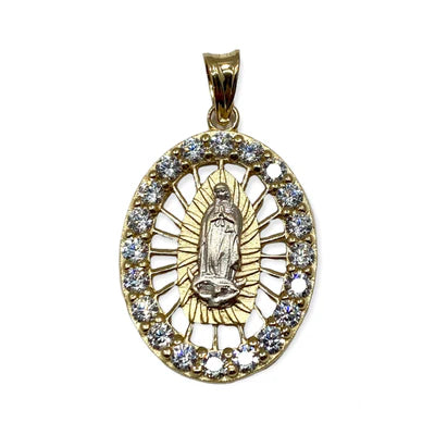 Bone - Carved Pendants with Tribal - Inspired SymbolsZirconia Oval Guadalupe / Virgin Mary Pendant (14K)